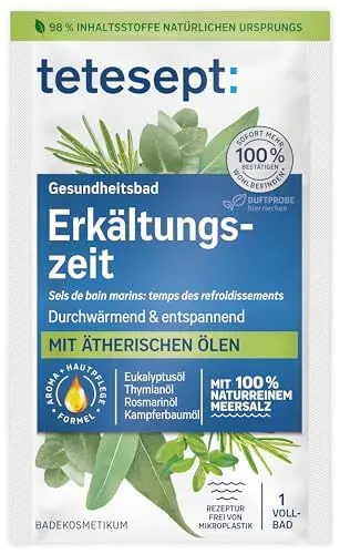Produktbild: tetesept Meeressalz Badezusatz Erkältungszeit – Badesalz mit ätherischen Ölen - Mehr Wohlbefinden in der kalten Jahreszeit – 10er Pack à 80 g