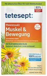 Produktbild: tetesept Meeressalz Muskel & Bewegung – Gesundheitsbad für Entlastung nach Bewegung mit 5 ätherischen Ölen – Wohltuender Badezusatz mit natürlichem Meeressalz – 1 x 80 g