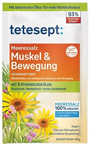 Produktbild: tetesept Meeressalz Muskel & Bewegung – Gesundheitsbad für Entlastung nach Bewegung mit 5 ätherischen Ölen – Wohltuender Badezusatz mit natürlichem Meeressalz – 1 x 80 g