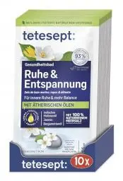 Produktbild: tetesept Meersalz Ruhe & Entspannung – Gesundheitsbad für ein Gefühl innerer Ruhe mit ätherischen Ölen – Wohltuender Badezusatz mit natürlichem Meeressalz – 10 x 80 g