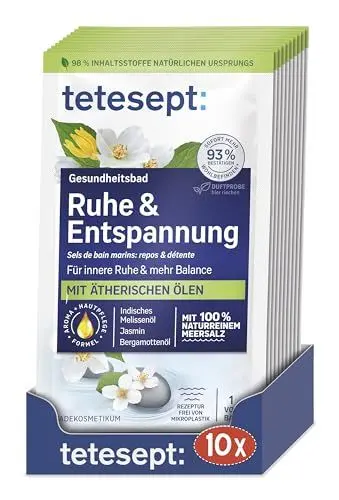Produktbild: tetesept Meersalz Ruhe & Entspannung – Gesundheitsbad für ein Gefühl innerer Ruhe mit ätherischen Ölen – Wohltuender Badezusatz mit natürlichem Meeressalz – 10 x 80 g
