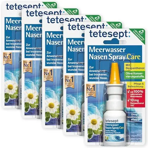 Produktbild: tetesept Meerwasser Nasen Spray Care – Pflegendes & abschwellendes Nasenspray für natürlichen Schutz & Regeneration – Nasenpflegespray bei Erkältung – 5 x 20 ml