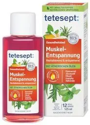 Produktbild: tetesept Muskel-Entspannung Bad – Gesundheitsbad mit ätherischen Ölen – Entspannender Badezusatz nach körperlicher Anstrengung – 1 x 125 ml