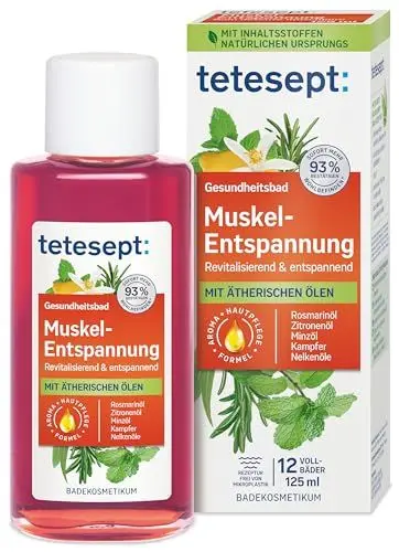 Produktbild: tetesept Muskel-Entspannung Bad – Gesundheitsbad mit ätherischen Ölen – Entspannender Badezusatz nach körperlicher Anstrengung – 1 x 125 ml