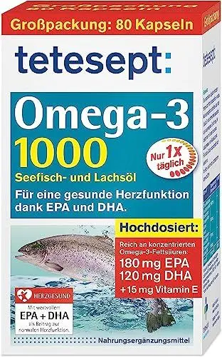 Produktbild: tetesept Omega-3 1000 - Seefisch- und Lachsöl Kapseln - Hochdosierte Omega 3 Fettsäuren DHA,EPA & Vitamin E - Nahrungsergänzungsmittel zur Unterstützung des Herz-Kreislauf-Systems -80 Stück (1er Pack)