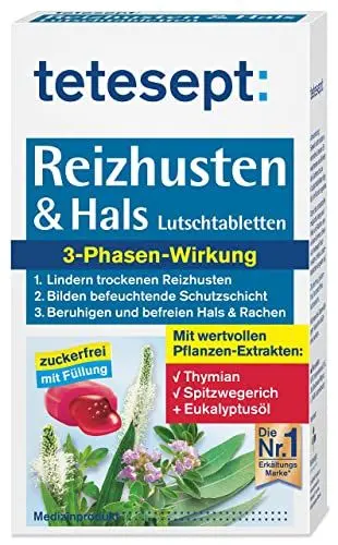 Produktbild: tetesept Reizhusten & Hals Lutschtabletten - zuckerfrei mit Füllung – Lutschpastillen bei Erkältungsbeschwerden wie Reizhusten & Heiserkeit – 5 x 20 Stück