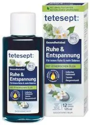 Produktbild: tetesept Ruhe & Entspannung Bad – Gesundheitsbad mit 5 ätherischen Ölen für innere Ruhe und mehr Balance – kosmetischer Badezusatz mit Hautpflege Formel – 1 x 125 ml