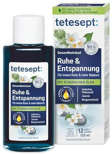 Produktbild: tetesept Ruhe & Entspannung Bad – Gesundheitsbad mit 5 ätherischen Ölen für innere Ruhe und mehr Balance – kosmetischer Badezusatz mit Hautpflege Formel – 1 x 125 ml