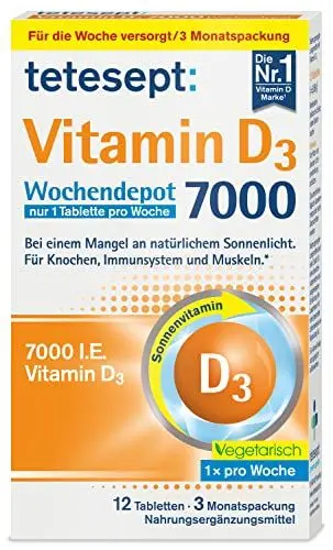 Produktbild: tetesept Vitamin D3 7000 Wochendepot – 1 x 12 Tabletten – Vitamin D Tabletten bei einem Mangel an natürlichem Sonnenlicht – Nahrungsergänzungsmittel für Knochen, Immunsystem & Muskeln