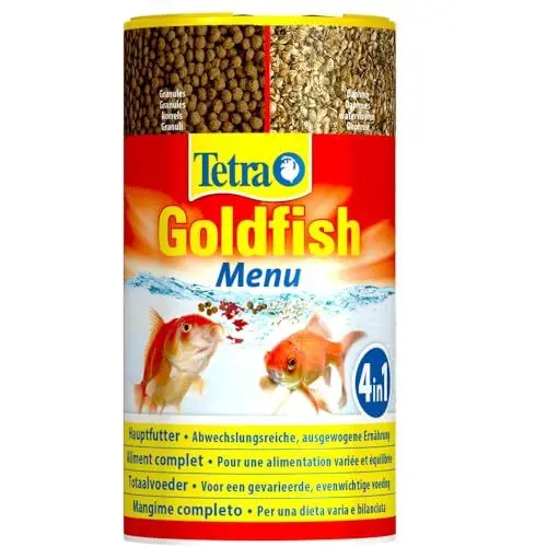 Produktbild: Tetra Goldfish Menu - 4in1 Fischfutter-Mix mit Crisps, Flocken, Granulat und Daphnien für alle Goldfische und andere Kaltwasserfische, 250 ml Dose