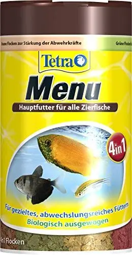 Produktbild: Tetra Min Menu Fischfutter - Hauptfuttermix mit 4 Spezialflocken in getrennten Kammern, abwechslungsreiches Futter für alle Zierfische, 100 ml Dose