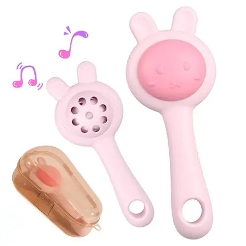 Produktbild: Texturierte Silikon Beißspielzeug für Baby, 2 in 1 Rassel und Beißring Spielzeug, sensorische Exploration und Zahnen Relief, leicht zu halten Griffe, 0 + Monate (Pink)