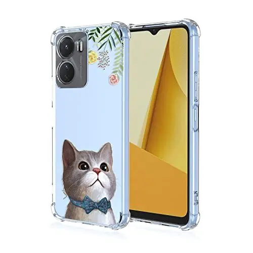 Produktbild: TEYYOS Hülle Geeignet für vivo Y16, Blumen Muster TPU Handyhülle, (Vier Ecken Verstärken) Stoßfest Transparent TPU Silikon Mädchen Case Handyhülle. Katze