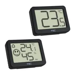 Produktbild: TFA Dostmann 1x Mini Thermometer & 1x Thermo-Hygrometer Set, 95.2020.01, Luftfeuchtigkeitsmesser mit präzisem Raumthermometer, mit Smiley-Anzeige, ideal für Zuhause, Büro, Schlafzimmer, schwarz