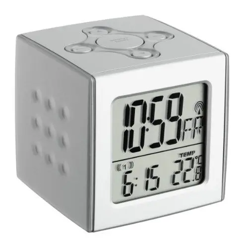 Produktbild: TFA Dostmann CUBO Digitaler Funk-Wecker mit Temperatur, Kunststoff, Silber, L92 x B92 x H120 mm