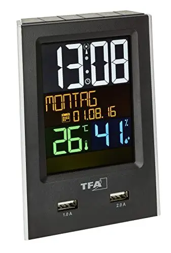 Produktbild: TFA Dostmann Charge-IT digitaler Funk-Wecker, 60.2537.01, mit USB-Ladefunktion, Raumklima, mit Kurzschlaftimer, schwarz, L 95 x B 61 x H 133 mm
