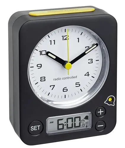 Produktbild: TFA Dostmann Combo Analog Wecker, 60.1511.01.07, mit Funkuhr, mit digitaler Alarmeinstellung, geräuschlose Tasten, schwarz-gelb,L 90 x B 40 x H 115 mm
