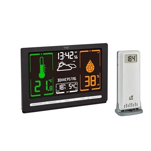 Produktbild: TFA Dostmann Digitale Funk Wetterstation METEOchrome, 35.1132, gut ablesbaren VA-Display, Wettervorhersage, mit Außensensor, Temperatur- & Luftfeuchtigkeitsmesser, inkl Funkuhr, Datumsanzeige, schwarz