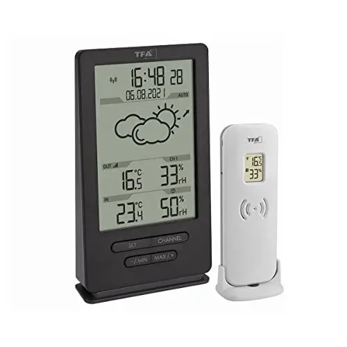 Produktbild: TFA Dostmann Digitale Funk Wetterstation mit Außensensor, 35.1162.10, Innen und Außenklima, mit Sender, Wettervorhersage, inkl Funkuhr, Temperatur/Luftfeuchtigkeit, Amazon Exklusiv, grau