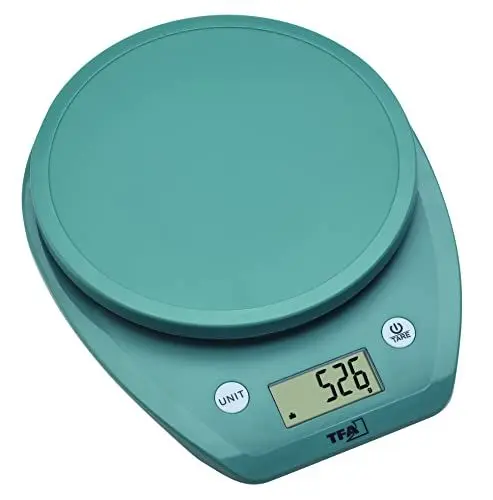 Produktbild: TFA Dostmann Digitale Küchenwaage MOCHI, 50.2007.20, mit LCD Anzeige, Volumenberechnung für Milch, Lebensmittelwaage, bis 5kg, leicht, mit Gummipads, grün