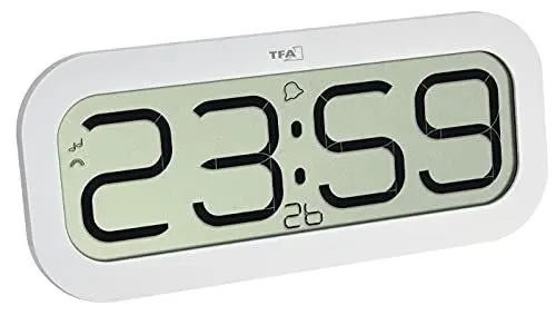 Produktbild: TFA Dostmann Digitale Wanduhr mit Stundenschlag Bim Bam, 60.4514.02, Funkuhr mit 5 verschiedenen Stundenklängen (Big Ben, Vogel, Kuckuck, Glocken, Klangschale), Weckfunktion, LED-Display, weiß