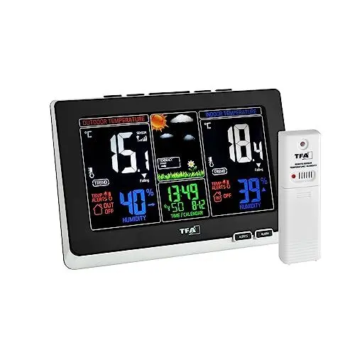 Produktbild: TFA Dostmann Spring Wetterstation, für Innen und Außen, Funk Außensensor misst Luftfeuchtigkeit, Taupunkt, inkl Funkuhr und farbig animiertes Display, L 210 x B 26 (60) x H 140 mm