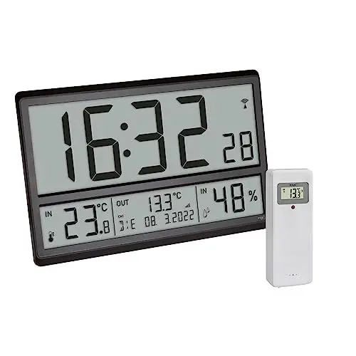 Produktbild: TFA Dostmann Digitale XL Wanduhr, 60.4523.01, mit Außentemperatur und Raumklima, Funkuhr, 24h Anzeige, vollständiges Datum, schwarz, (L) 360 x (B) 235 x (H) 28 (84) mm