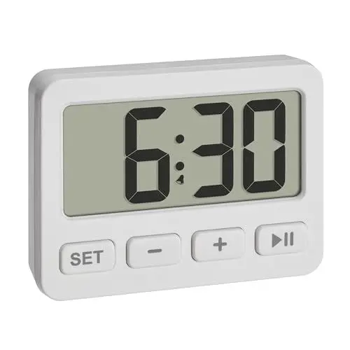 Produktbild: TFA Dostmann Digitaler Miniwecker, 60.2036.02, mit Alarmfunktion, Stoppuhr und Timer, KFZ Uhr, mit Magnet oder Ständer, ideal als Reiseuhr, für Klausuren, Quarzuhr, Tischuhr, klein und kompakt, weiß