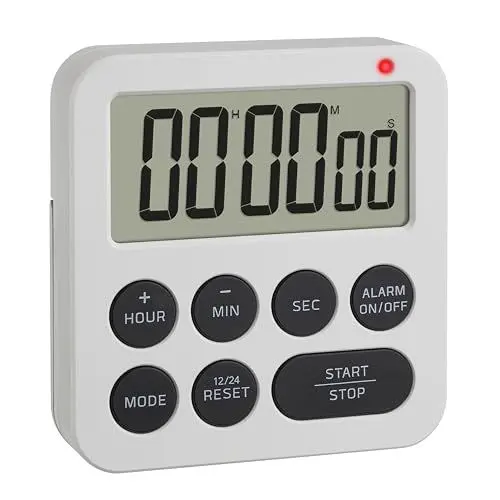 Produktbild: TFA Dostmann Digitaler Timer mit Stoppuhr und Wecker, 38.2051.02, bis 99h/59min/59s, Eieruhr, Küchentimer, Hausaufgabentimer, Kurzzeitwecker, mit LED Warnlicht und 2 Lautstufen, magnetisch, weiß