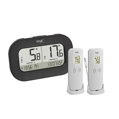Produktbild: TFA Dostmann Digitales Funk-Thermometer Double-Check, 30.3073.01, mit 2 Sendern (Temperatursender + wasserdichter Kabelfühler), Max.-Min.-Werte, Temperaturalarm mit Aufzeichnung, schwarz