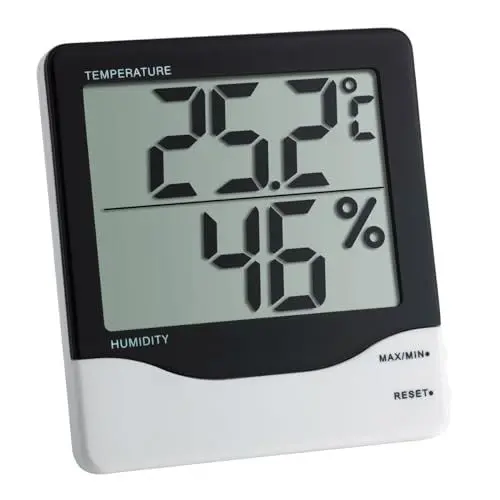 Produktbild: TFA Dostmann Digitales Thermometer, großes Display, Innentemperatur, Luftfeuchtigkeit, gesundes Raumklima, 30.5002, Weiß-Schwarz, L 102 x B 21 (50) x H 110 mm