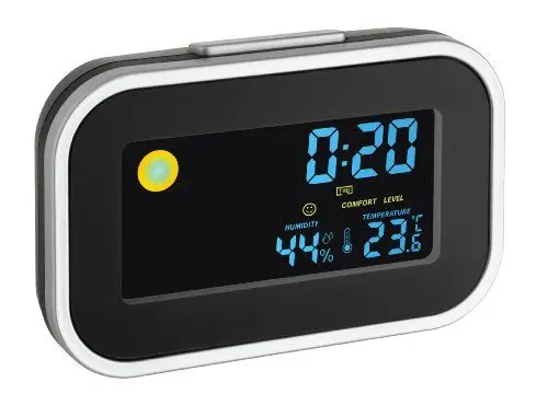 Produktbild: TFA Dostmann Digitalwecker mit Raumklima, 60.2015, Höchst- und Tiefstwerte, beleuchtetes Farbdisplay, mit Wettersymbol, schwarz, (L) 120 x (B) 35 x (H) 78 mm