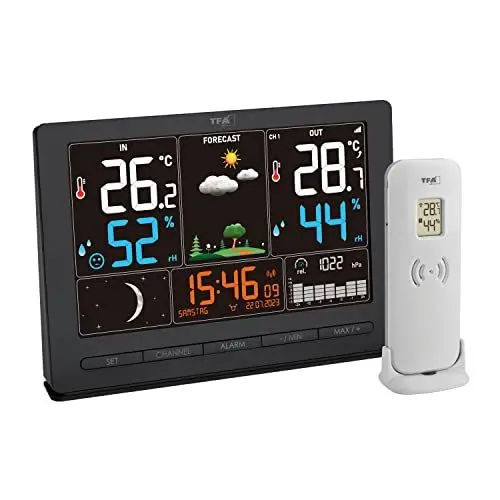 Produktbild: TFA Dostmann Funk-Wetterstation Season 2, 35.1118, mit Außensender, Wettervorhersage, Farbdisplay, Temperatur und Luftfeuchtigkeit, inkl Funkuhr mit Mondphase, schwarz