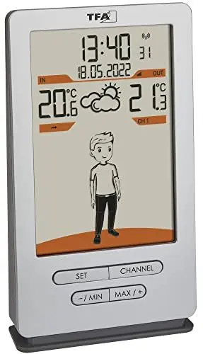 Produktbild: TFA Dostmann Funk Wetterstation Weather Jack, 35.1166.54, Außen- und Innentemperatur, Wettervorhersage, mit Bekleidungsvorschlägen, Funkuhr, silber, 146 x 82 x 27 (47) mm