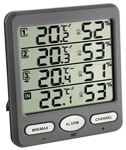 Produktbild: TFA Dostmann Klima-Monitor Funk-Thermo-Hygrometer mit 3 Sendern, Kunststoff, Grau L 116 x B 24 (64) x H 126 mm