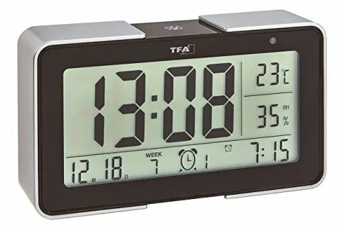 Produktbild: TFA Dostmann Melody Funk-Wecker,60.2540.01, mit verschiedenen Wecktönen (Melodien, Tierlaute, Alarme), 14 x 4 x 8 cm, schwarz/silber, Kunststoff, L 134 x B 36 x H 78 mm