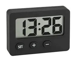 Produktbild: TFA Dostmann Mini Digitaluhr, 60.2013.01, Tischuhr, Quarzuhr, perfekt für KFZ (Wohnmobil oder Auto), für Klausuren/Abschlussprüfungen, handlich, mit Magnet, selbstklebender Halter, Ständer, schwarz