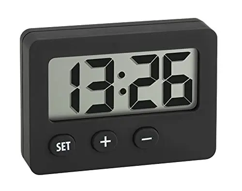 Produktbild: TFA Dostmann Mini Digitaluhr, 60.2013.01, Tischuhr, Quarzuhr, perfekt für KFZ (Wohnmobil oder Auto), für Klausuren/Abschlussprüfungen, handlich, mit Magnet, Selbstklebender Halter, Ständer, schwarz