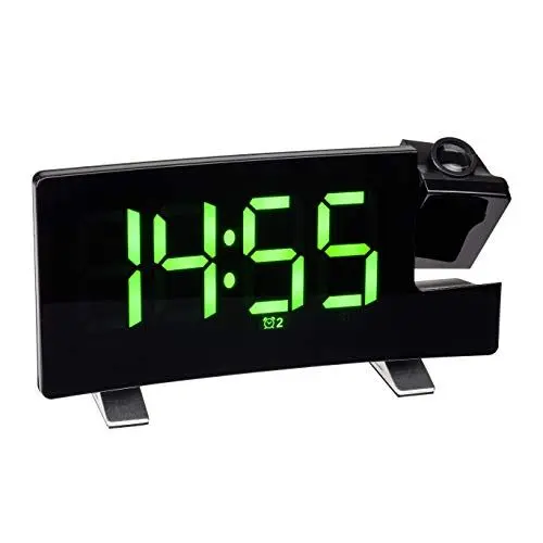 Produktbild: TFA Dostmann Projektionswecker, 60.5015.04, mit FM Radio, 2 Alarmzeiten, schwarz mit grünen Leuchtziffern, Kunststoff, (L) 180 x (B) 48 x (H) 100 mm