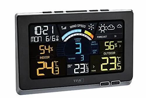 Produktbild: TFA Dostmann Spring Breeze Funk-Wetterstation, 35.1140.01, inkl Windmesser, mit Farbdisplay, Wettervorhersage mit Alarmgrenzen/Symbolen, inkl Funkuhr, Historie, Windgeschwindigkeit, Taupunkt, schwarz