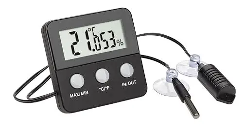 Produktbild: TFA Dostmann Terracheck Digitales Thermo-Hygrometer, 30.5044.01, Kabelfühler mit Saugnäpfen, ideal für Terrarien, schwarz L 64 x B 24 x H 64 mm