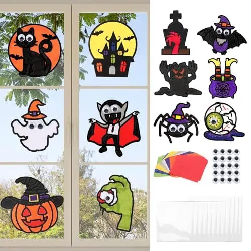 Produktbild: TGFIX 12 Stück Halloween Bastelset für Kinder Halloween Deko Basteln Halloween Papierbastelset Kreative Halloween Fensterbilder Kunsthandwerk Halloween Dekoration Bastelhandwerk für Junge Mädchen