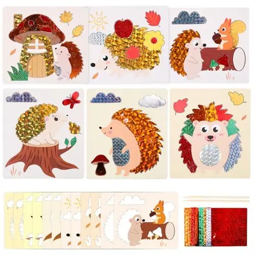 Produktbild: TGFIX 12 Stück Igel Bastelsets für Kinder Herbst Folienspaß Basteln Igel Kreative Kunsthandwerk Herbst Igel Transferfolie Bastelhandwerk mit Folien Geschenk für Jungen Mädchen 3-10 Jahre