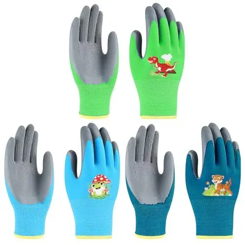 Produktbild: TGFIX 3 Paar Arbeitshandschuhe Kinder Gartenhandschuhe Junge Gartenarbeit Handschuhe Dornenfest Latexhandschuhe Flexible Schutzhandschuhe Schmetterling Einhorn Flamingo Muster für Kinder 3–8 Jahre