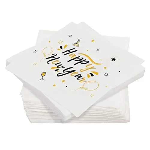Produktbild: TGFIX 40 Stück Silvester Servietten 2025 Happy New Year Serviette Schwarz Gold Neujahrs Servietten Silvester Papierservietten Tissue für Silvesterparty Deko Tischdekoration (33x33cm)