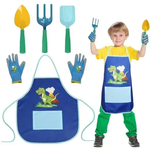 Produktbild: TGFIX 5tlg Gartengeräte für Kinder Gartenwerkzeuge Set Jungen mit Dinosaurier Gartenschürze Gartenhandschuhe Gartenschaufel Rechen Gartenspielzeug Gartenset für Garten Strand Draußen 3-6 Jahre
