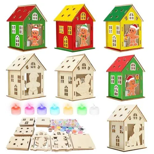 Produktbild: TGFIX 7set Teelichthaus Basteln Weihnachten Kinder Mit LED Kerzen Lebkuchenhaus Bausatz Holz Teelicht Haus Lichterhaus Weihnachten Bastelset Kinder Gingerbread House Weihnachtsbaum Hängendsdeko