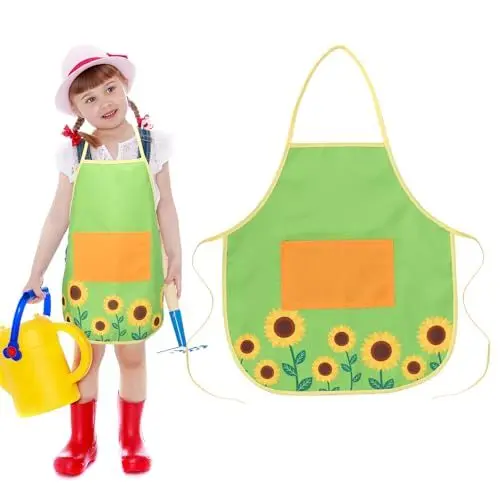 Produktbild: TGFIX Gärtnerschürze Kinder Sonnenblumen Schürze Junge Mädchen Gartenschürze mit Tasche Gärtner Gärtnerin Kostüm Grüne Kochschürze Grillschürze für Garten BBQ Küche Kochen