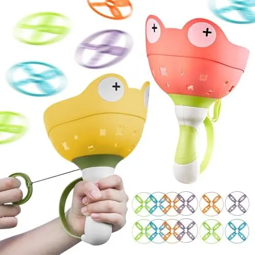 Produktbild: TGKYK Flying Disc Launcher, 2 Packs & 12 Discs Propeller Spielzeug Kinder, Fliegende Propeller Disc, Flying Disc Shooter Toy, Fliegende Untertasse Spielzeug für Kinder ab 3 4 5 6 Jahren (Gelb+Rot)