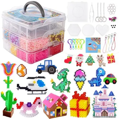 Produktbild: TGTT Bügelperlen Set, 10000 Stück Steckperlen mit Aufbewahrungsbox, Bügelperlen Platten, Benutzerführung, DIY Gestalten von Schmuck, Deko, Verzierungen und 3d Kinder Geschenk Bastelideen, farbig